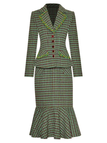 Plaid Print Coat Mermaid Skirt Suit - Image 2