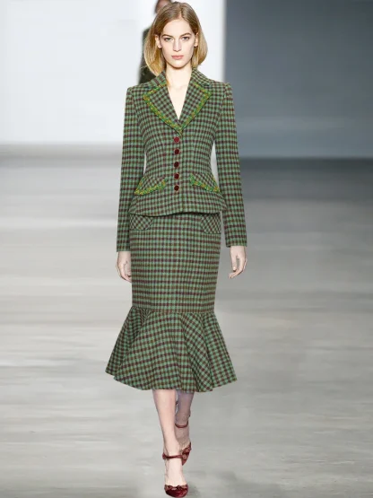 Plaid Print Coat Mermaid Skirt Suit
