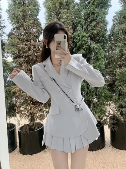 Elegant Blazer Pleated Skirt Suit Set - Image 2