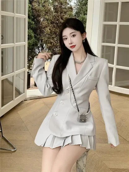 Elegant Blazer Pleated Skirt Suit Set - Image 3