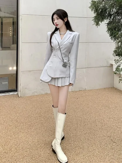 Elegant Blazer Pleated Skirt Suit Set - Image 5