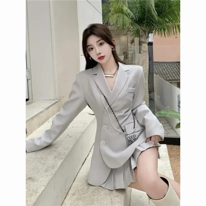 Elegant Blazer Pleated Skirt Suit Set