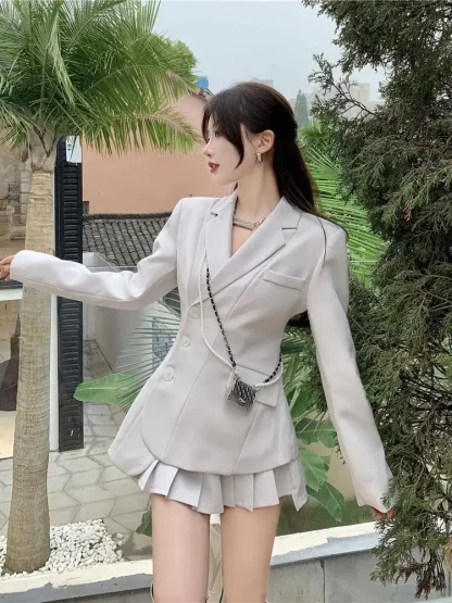 Elegant Blazer Pleated Skirt Suit Set - Image 4