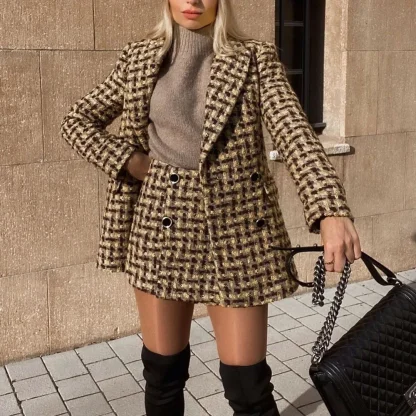Sleek Plaid Office Skirt Suit
