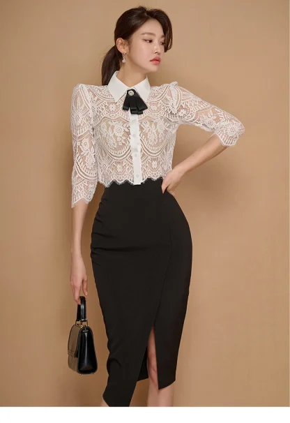Bow Lace Top Skirt Suit - Image 5