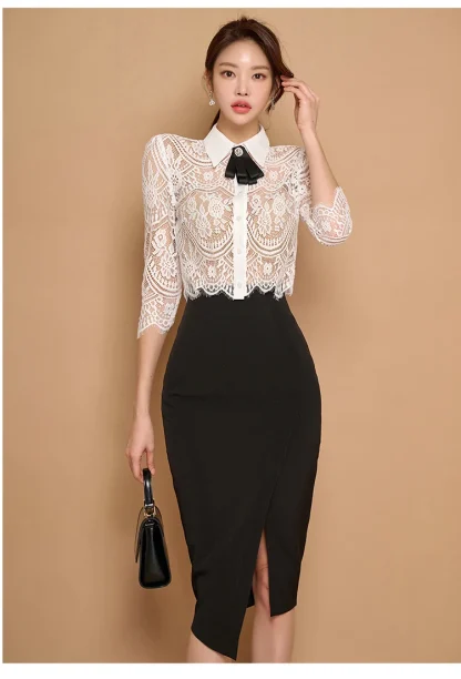 Bow Lace Top Skirt Suit
