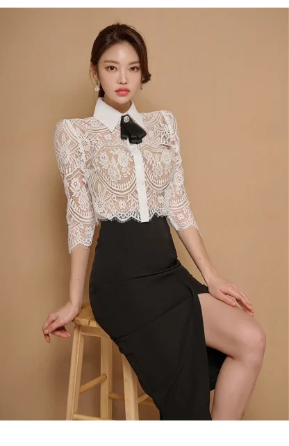 Bow Lace Top Skirt Suit - Image 3