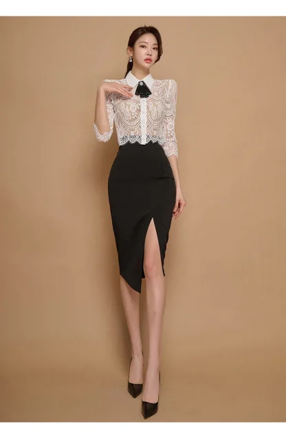 Bow Lace Top Skirt Suit - Image 4